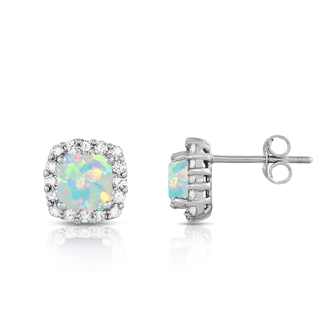 Solid Sterling Silver and White Opal Crystal Halo Stud Earrings Image 1