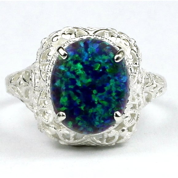 Sterling Silver Antique Style Filigree Ladies Ring Created Blue Green Opal SR009 Image 1