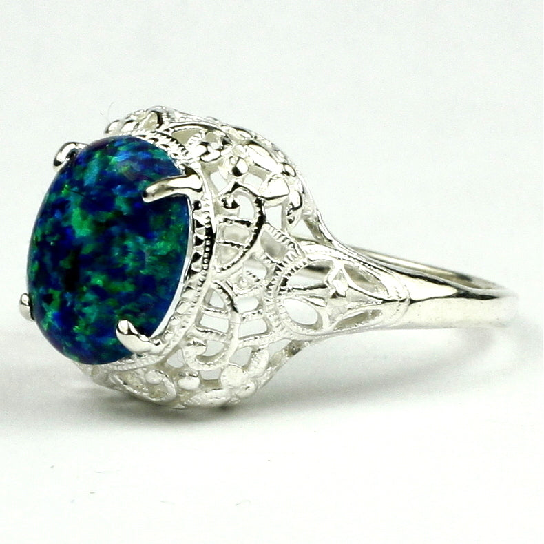 Sterling Silver Antique Style Filigree Ladies Ring Created Blue Green Opal SR009 Image 2