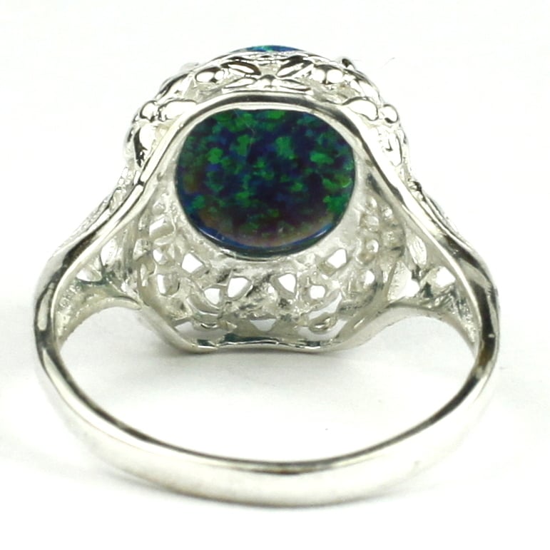 Sterling Silver Antique Style Filigree Ladies Ring Created Blue Green Opal SR009 Image 4