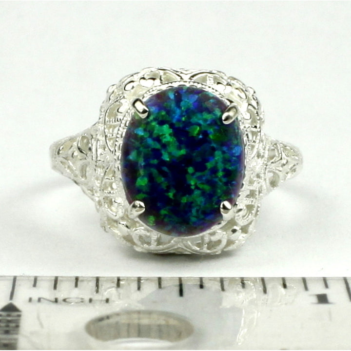 Sterling Silver Antique Style Filigree Ladies Ring Created Blue Green Opal SR009 Image 4