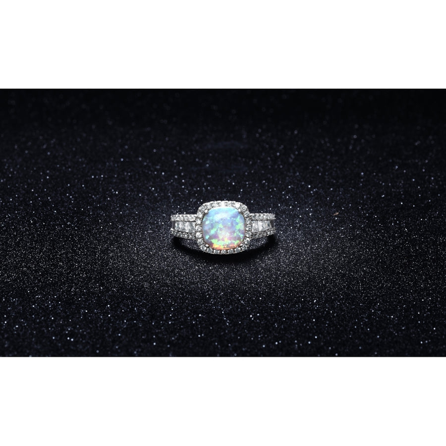 18k White Gold and White Opal Cushion Cut Halo Ring Image 1