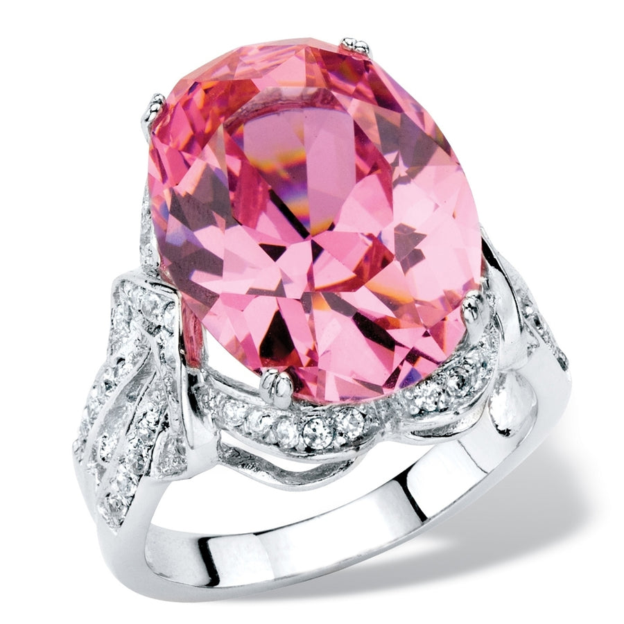 13.24 TCW Oval-Cut Simulated Pink Tourmaline Cubic Zirconia Cocktail Ring with White CZ Accents Platinum-Plated Image 1