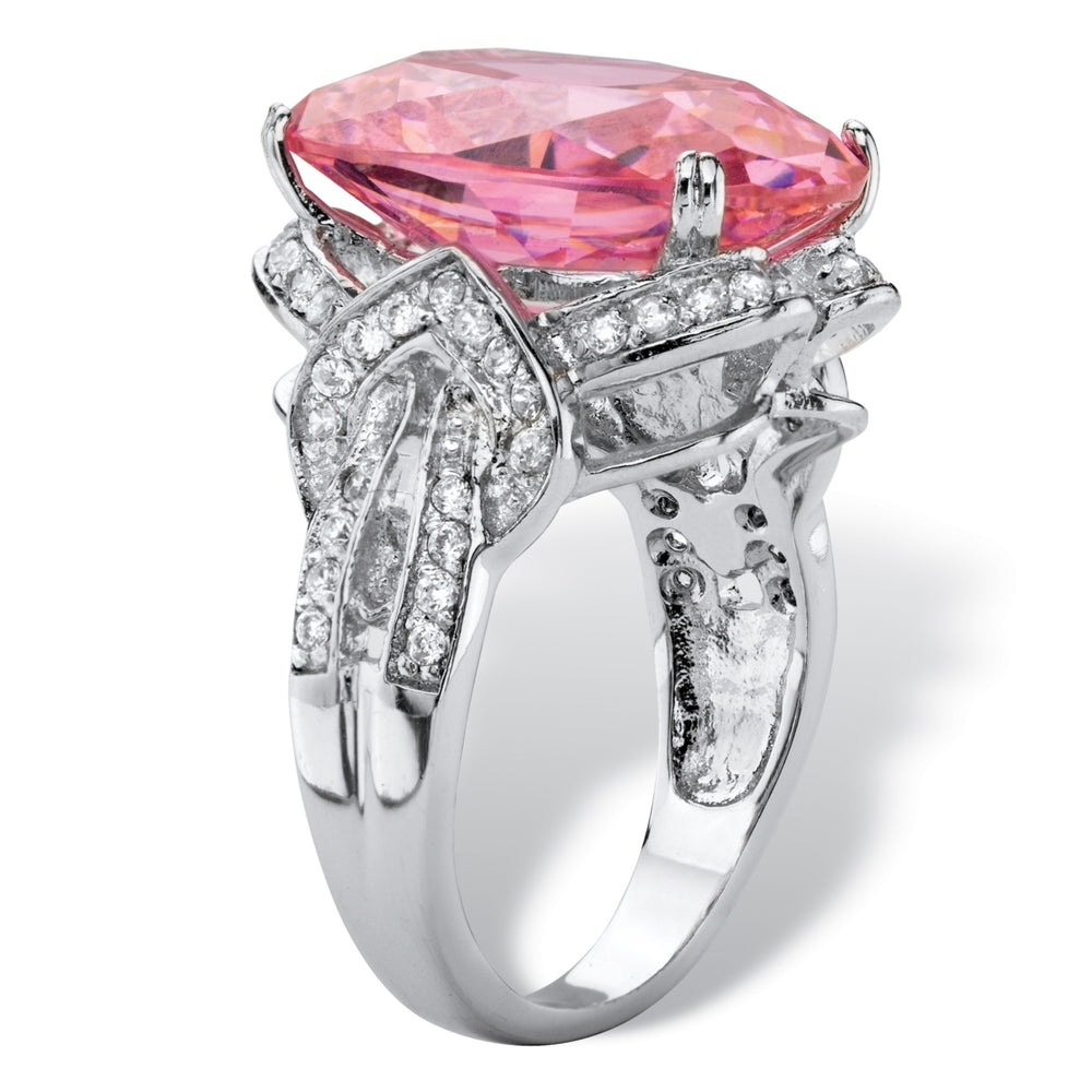 13.24 TCW Oval-Cut Simulated Pink Tourmaline Cubic Zirconia Cocktail Ring with White CZ Accents Platinum-Plated Image 2