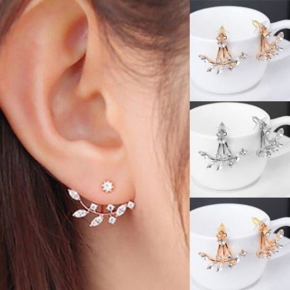 Fashion Gold Plated Leaf Crystal Ear Jacket Double Sided Swing Stud Earrings Gift Image 1