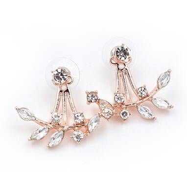 Fashion Gold Plated Leaf Crystal Ear Jacket Double Sided Swing Stud Earrings Gift Image 3