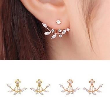 Fashion Gold Plated Leaf Crystal Ear Jacket Double Sided Swing Stud Earrings Gift Image 4