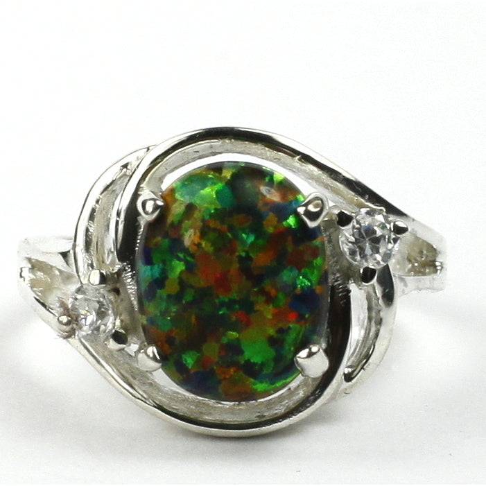 Sterling Silver Ladies Ring Created Black Opal SR021 Image 1