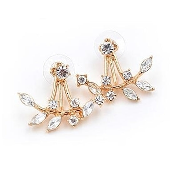 Fashion Gold Plated Leaf Crystal Ear Jacket Double Sided Swing Stud Earrings Gift Image 2