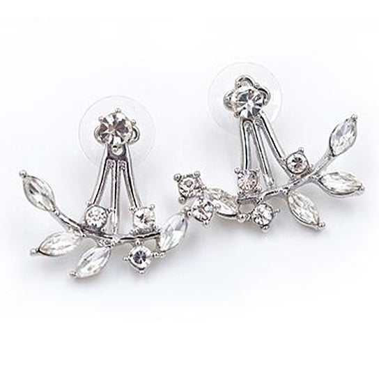 Fashion Gold Plated Leaf Crystal Ear Jacket Double Sided Swing Stud Earrings Gift Image 4