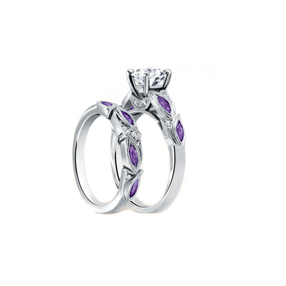 Diamond Cut Amethyst Ring And Band Set In 18K White Gold Image 1