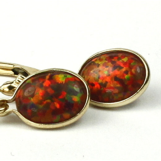 14K Gold Leverback Earrings Created Red Brown Opal E001 Image 1