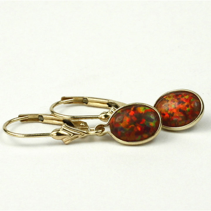 14K Gold Leverback Earrings Created Red Brown Opal E001 Image 2