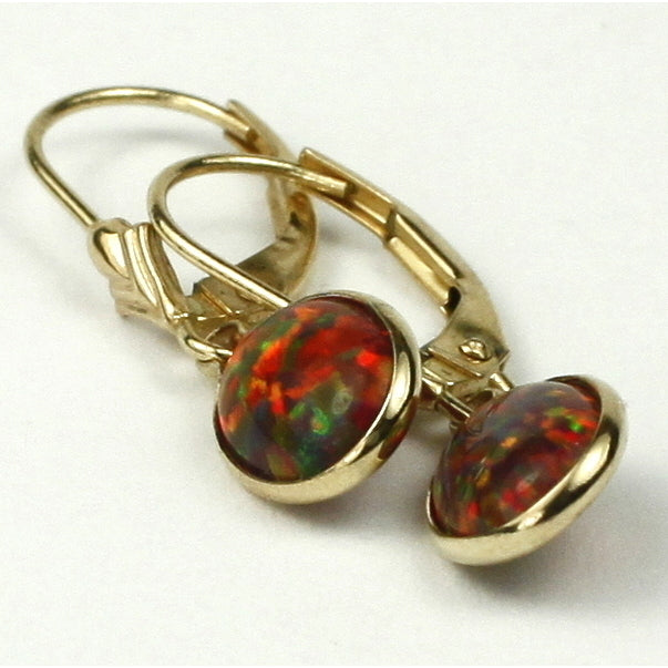 14K Gold Leverback Earrings Created Red Brown Opal E001 Image 3