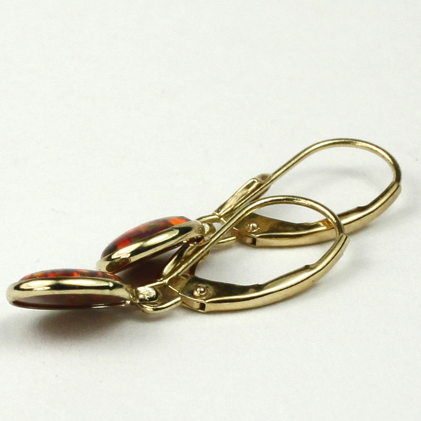 14K Gold Leverback Earrings Created Red Brown Opal E001 Image 4