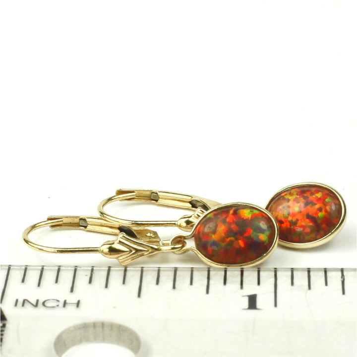 14K Gold Leverback Earrings Created Red Brown Opal E001 Image 6