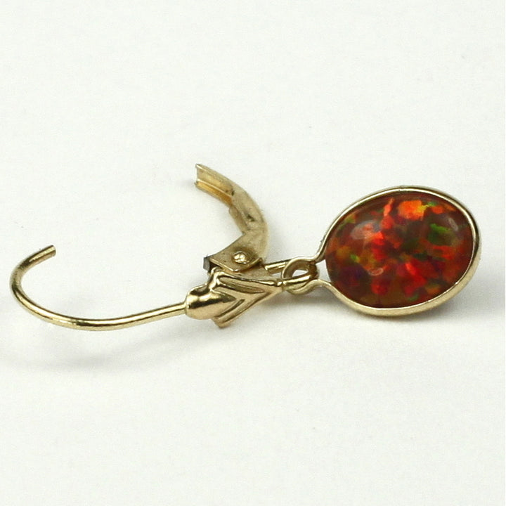 14K Gold Leverback Earrings Created Red Brown Opal E001 Image 4