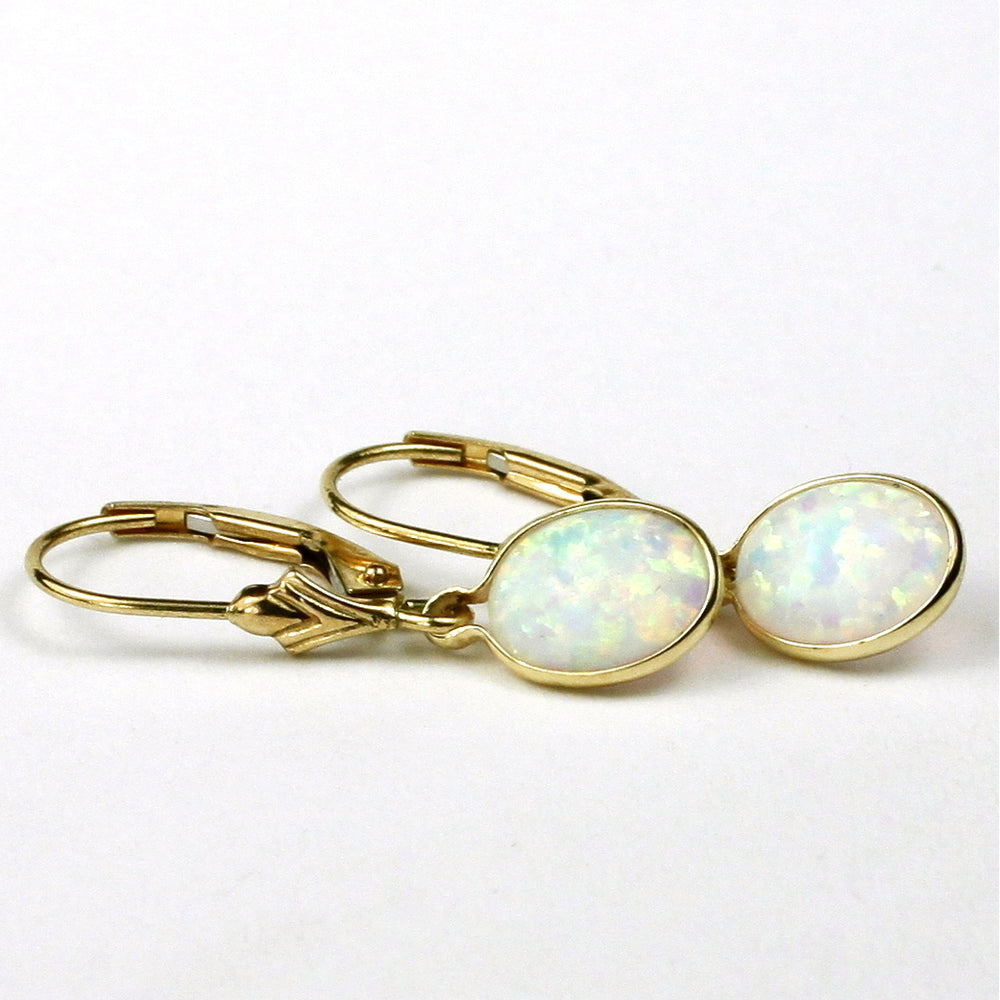 14K Leverback Earrings Created White Opal E001 Image 2