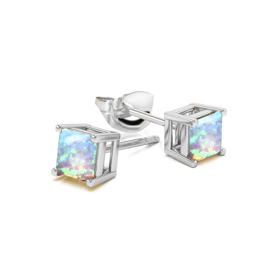 2.00 CTTW White Opal Square Cut Studs Solid Sterling Silver 925 Basket Setting Image 1