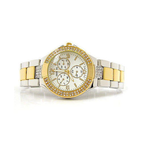 Two Tone Bracelet Geneva 3D Crystal Bezel Oversized Womens Boyfriend Style Watch Image 2