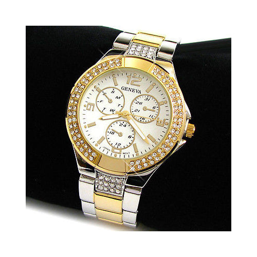 Two Tone Bracelet Geneva 3D Crystal Bezel Oversized Womens Boyfriend Style Watch Image 1