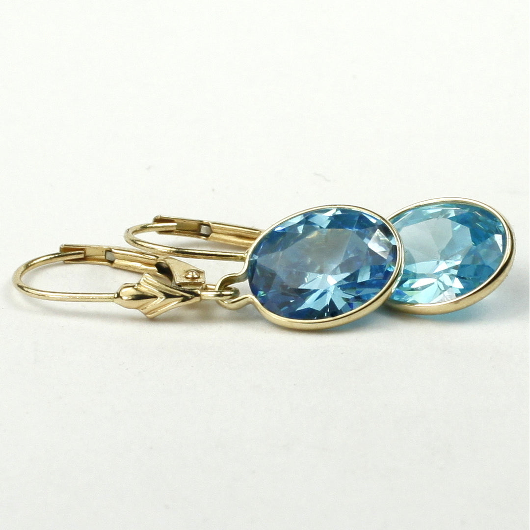 14K Leverback Earrings Swiss Blue Cubic Zirconia E101 Image 2