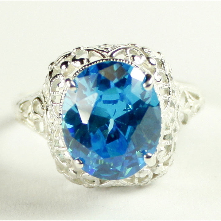 Sterling Silver Antique Style Filigree Ring Swiss Blue CZ SR009 Image 1