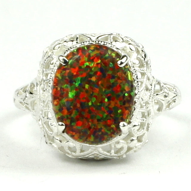 Sterling Silver Antique Style Filigree Ladies Ring Created Red Brown Opal SR009 Image 1