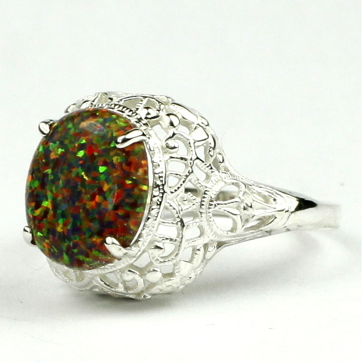 Sterling Silver Antique Style Filigree Ladies Ring Created Red Brown Opal SR009 Image 2