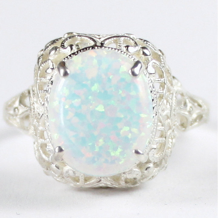 Sterling Silver Antique Style Filigree Ladies Ring Created White Opal SR009 Image 1