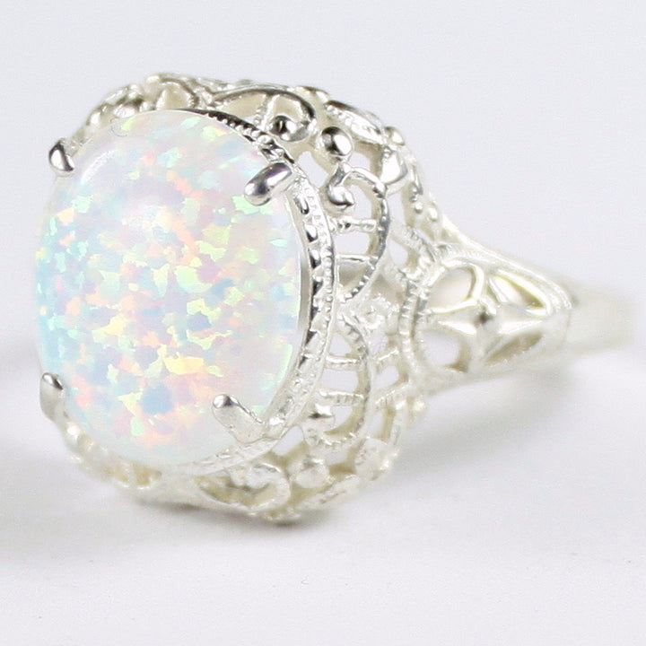 Sterling Silver Antique Style Filigree Ladies Ring Created White Opal SR009 Image 2