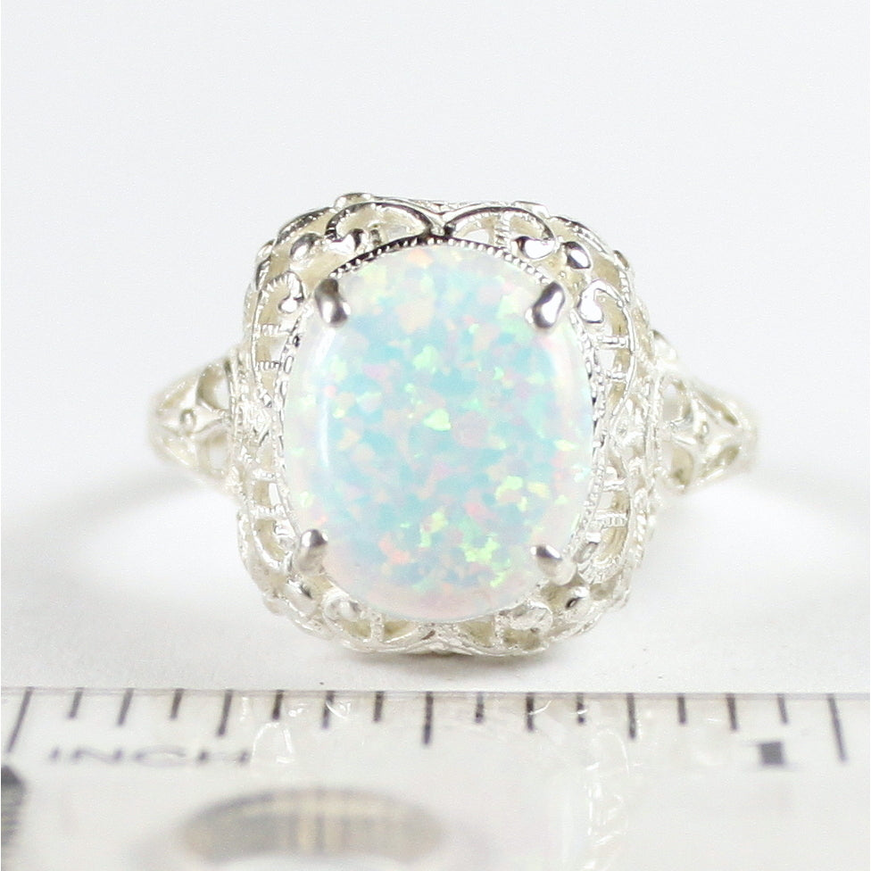 Sterling Silver Antique Style Filigree Ladies Ring Created White Opal SR009 Image 4