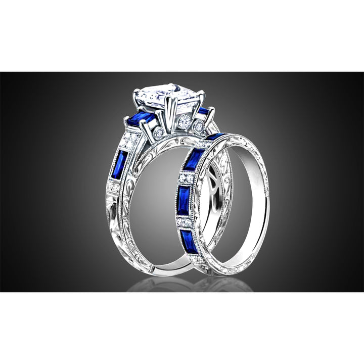 18k White Gold Emerald Cut Sapphire Ring and Band Set Image 2
