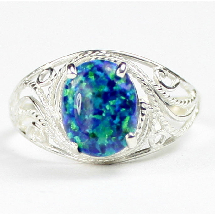 SR083 10x8mm Created Blue/Green Opal 925 Sterling Silver Ring Image 1