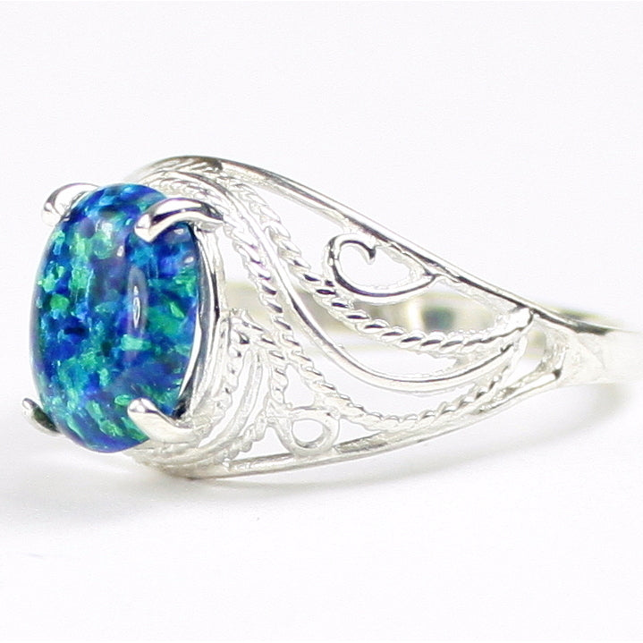 SR083 10x8mm Created Blue/Green Opal 925 Sterling Silver Ring Image 2