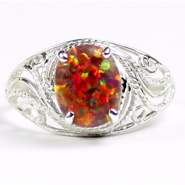 SR083 10x8mm Created Red Brown Opal 925 Sterling Silver Ring Image 1