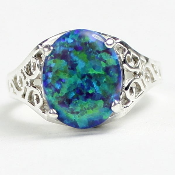 SR057 Created Blue Green Opal 925 Sterling Silver Ring Image 1