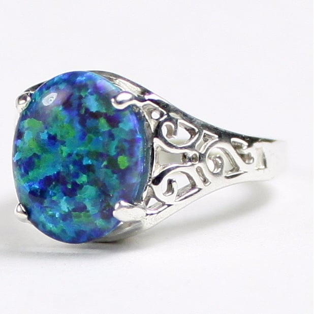 SR057 Created Blue Green Opal 925 Sterling Silver Ring Image 2