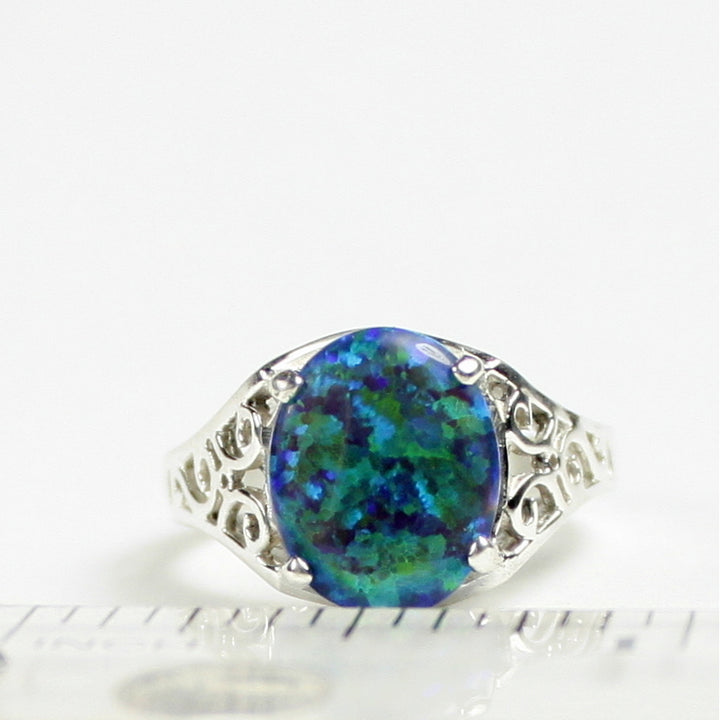 SR057 Created Blue Green Opal 925 Sterling Silver Ring Image 4