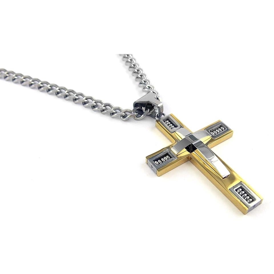 Mens 18k Gold Plated Cross Necklace with 24" Curb Chain Stainless Steel 2 Tone Image 1