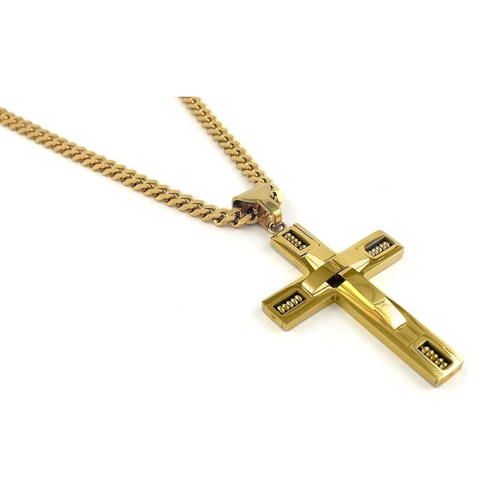 18k Gold Plated Mens Cross Pendant with 24" Gold Curb Chain Jewelry Set Image 1