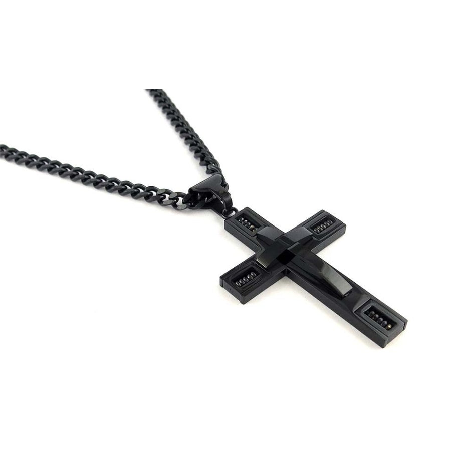 Mens All Black Ion Plated Cross Necklace With 24" Curb Chain Image 1