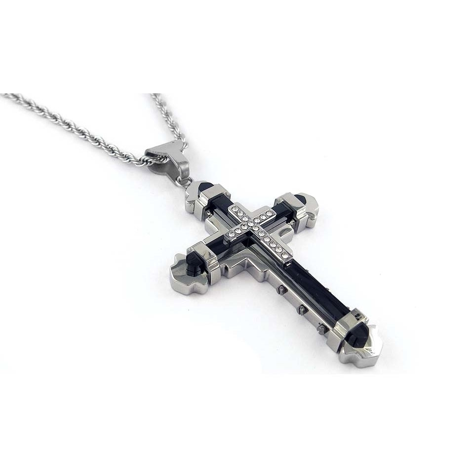 Mens Black ion Plated 2 Tone CZ Cross Necklace With Matching 24" Rope Chain Image 1