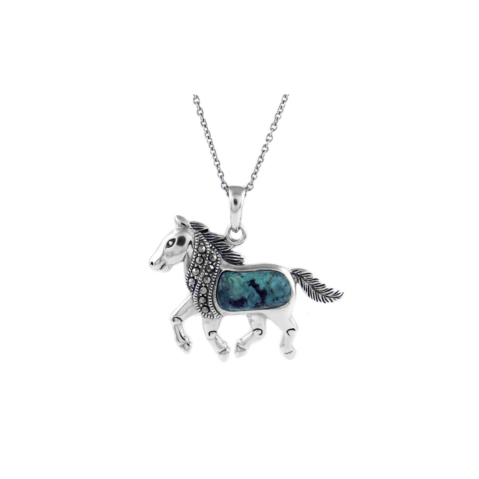 Genuine Turquoise Marcasite Stallion Necklace Sterling Silver 18" Chain 925 Image 1