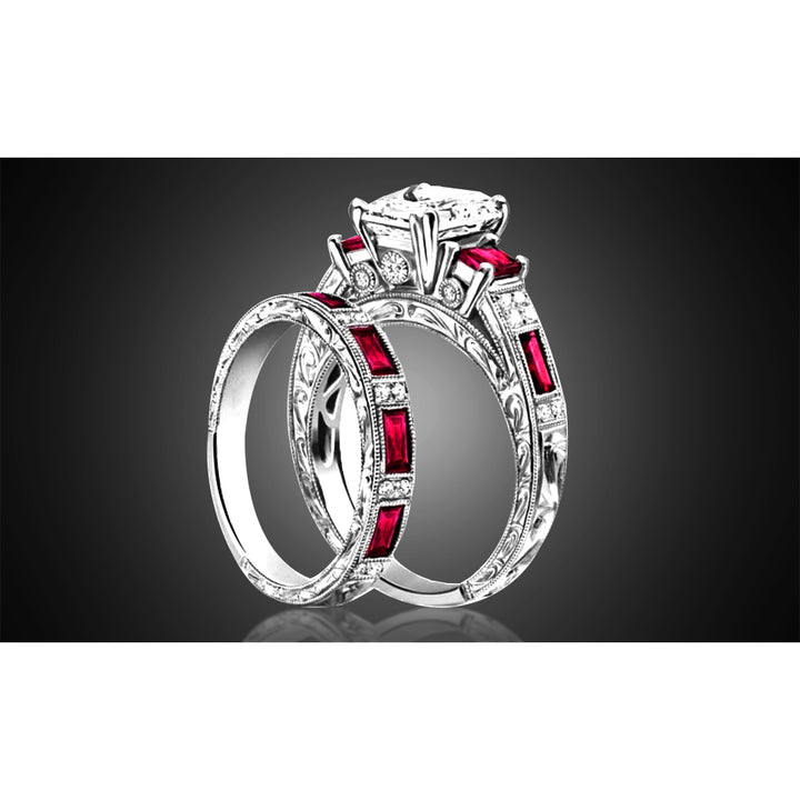 Ruby Tri Stone Engraved Ring and Band Set 18K White Gold Plated Sizes 6-9 Image 2