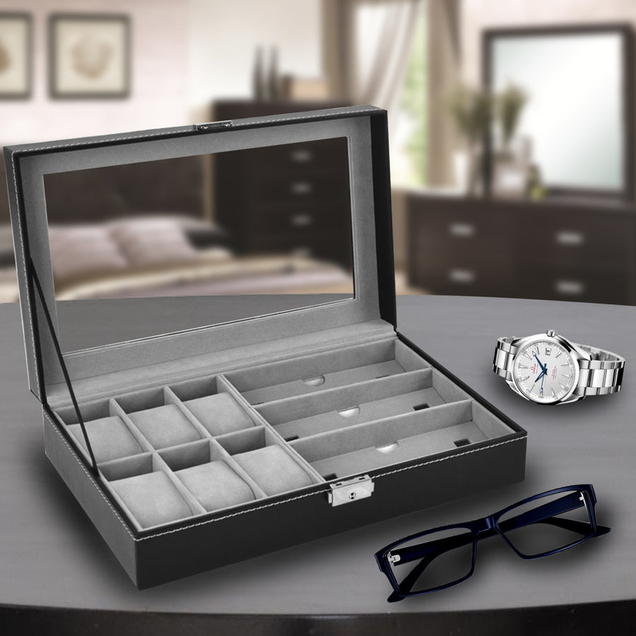 6 Black Leather Watch Box Jewelry Case Valet and 3 Piece Eyeglasses Storage and Sunglass Glasses Display Case Organizer Image 1
