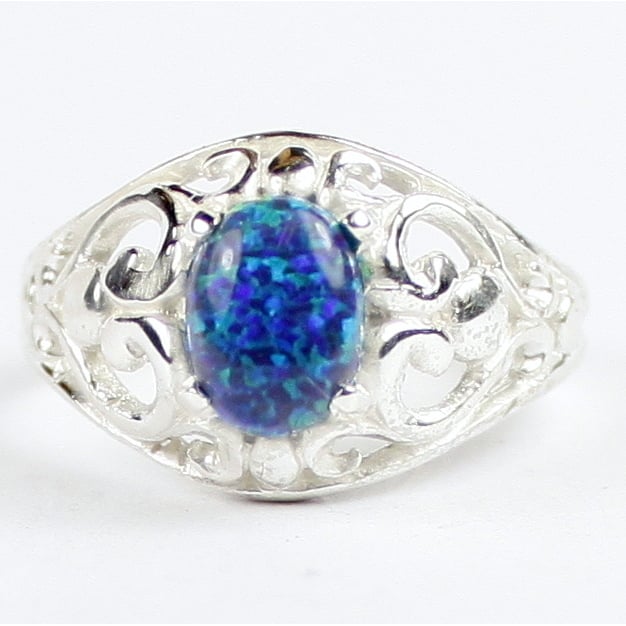 SR111 Created Blue Green Opal Sterling Silver Ring Image 1