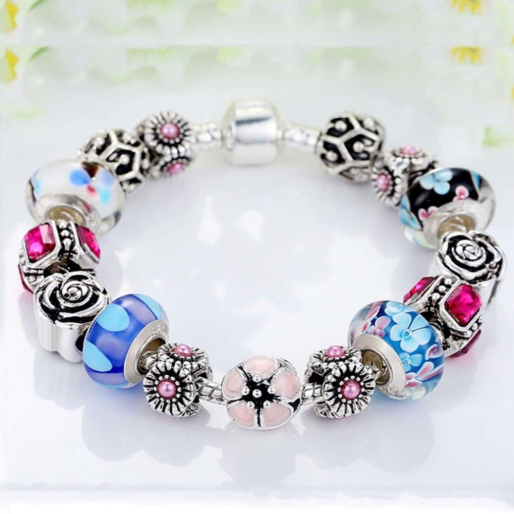 Multi Color Floral Murano Glass And Crystal Charm Bracelet Image 1