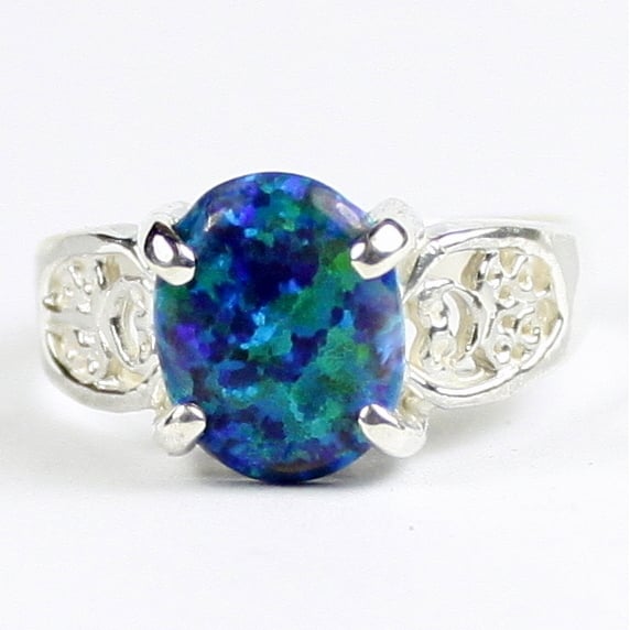 SR369 Created Blue Green Opal 925 Sterling Silver Ladies Ring Image 1