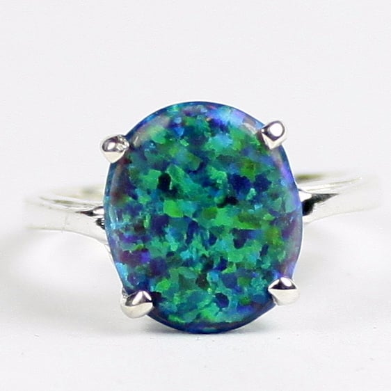 Sterling Silver Ladies Ring Created Blue Green Opal SR055 Image 1